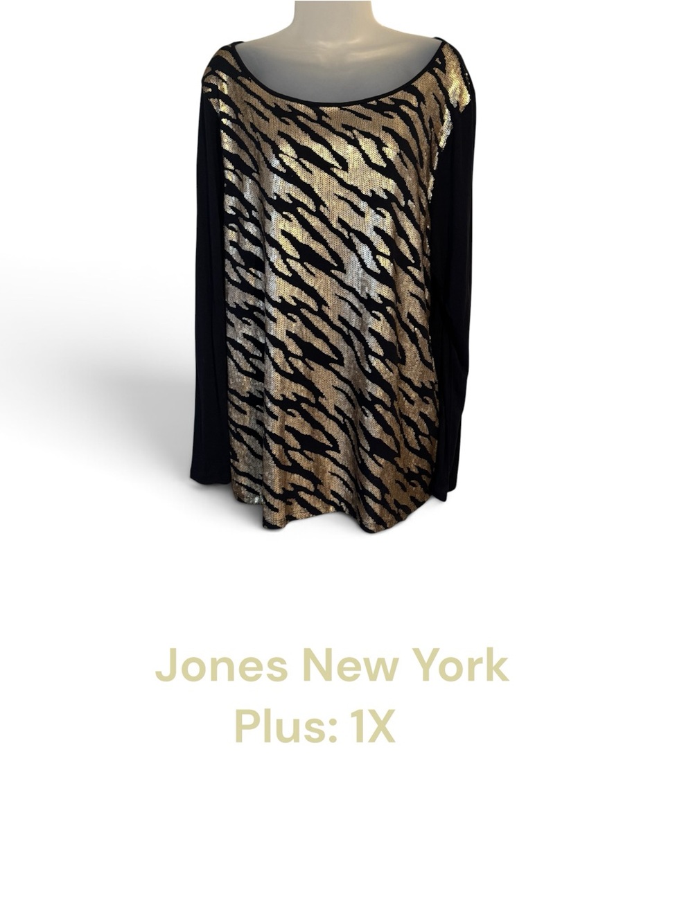 JONES NEW YORK  Gorgeous Gold/Black Sequin Animal Print Top PLUS: 1X  #9